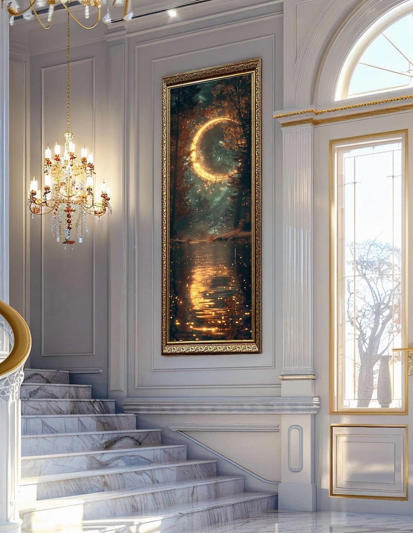 Magical Crescent Moon Forest Wall Art Fantasy Night Scene Canvas Art ...