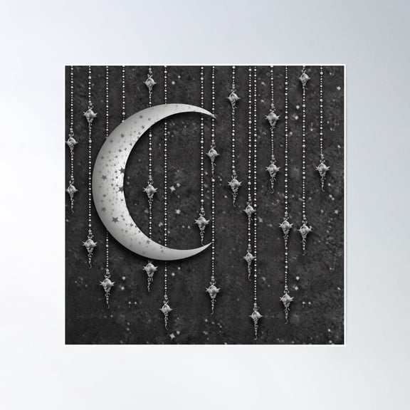 Magical Crescent Moon On Dark Grey Background With Strings Of Beads Poster Wall Art, Modern Wall Decor, 16x16 UNFRAMED
