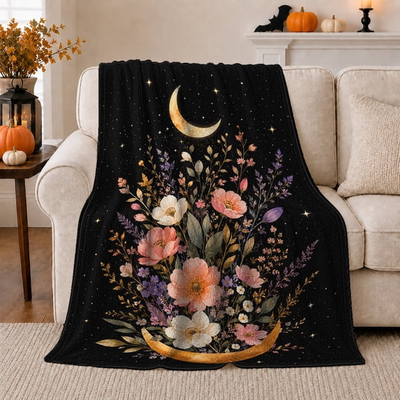 Magical Crescent Moon Wildflower Garden Golden Stars Mystical, Cozy Friendship Quote Scene, Warm Flannel Blanket for Living Room and Reading Nook, Art Lovers Friendship Gift, Artistic Home Decor