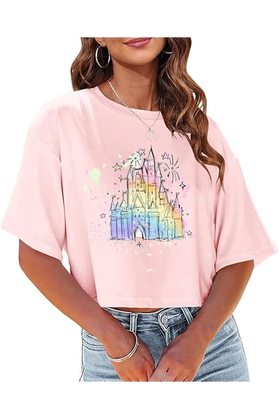 Magical Crop Top Women's Multicolor Cute Castle Graphic Tee Magic Kingdom Vacation Tshirt Casual Summer Shirt