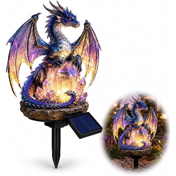 Magical Crystal Dragon Solar Powered Stake Lamp, Glowing Amethyst Dragon Figurine Waterproof Garden Patio Decor