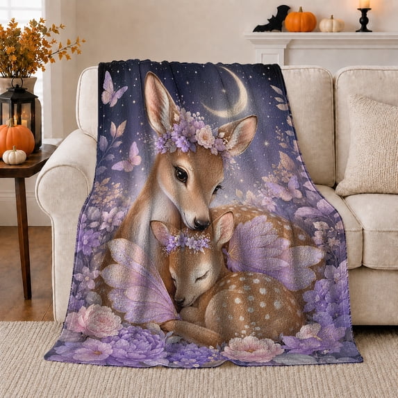 Magical Deer Family Under Starry Night Purple Floral, Festive Holiday Scene, Warm Flannel Blanket for Cabin and Lodge, Art Lovers Christmas Gift, Festive Home Decor