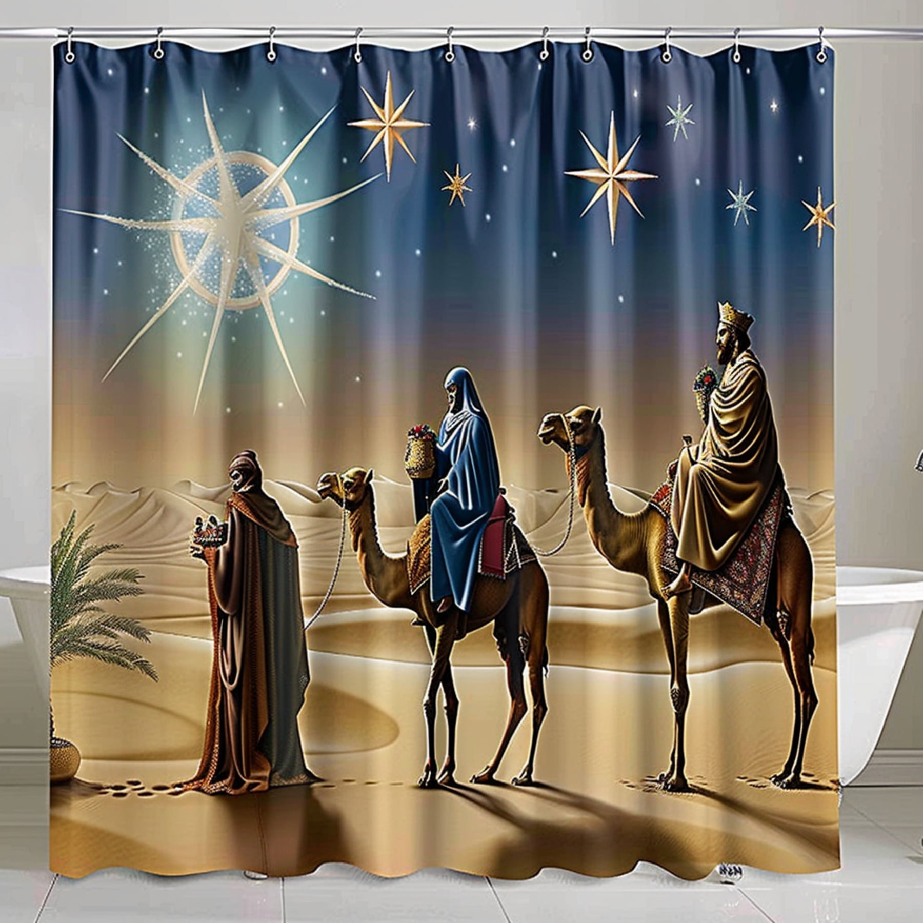 Magical Desert Journey Three Wise Men Shower Curtain with Star of Bethlehem Unique Bathroom