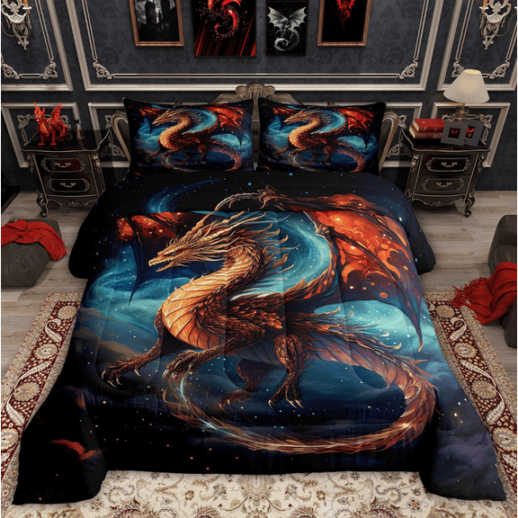 Magical Dragon Bedding Set Queen Size 3D Dragon Comforter Set Adult, Magic Animal Duvet Insert Navy Red Watercolor Bedding Comforters & Sets, Mystic Outer Space Universe Quilt Sets 3 Piece