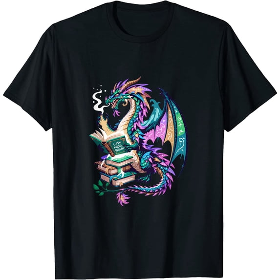 Magical Dragon with Glowing Fantasy Books Art T-Shirt - Walmart.com