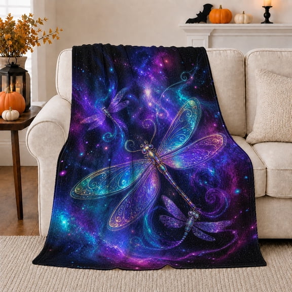 Magical Dragonfly Nebula, Festive Holiday Scene, Warm Flannel Blanket for Living Room and Family Room with Detailed Artwork, Art Lovers Christmas Gift, Festive Home Decor