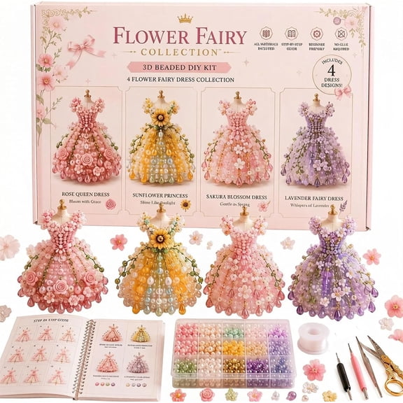 Magical Dress Worlds — 3D Beaded DIY Collection, Fantasy Dress 3D Beaded Craft Kit with Instruction, Gift for Beginners, DIY Craft Lovers, Princess & Fantasy Fans (A)