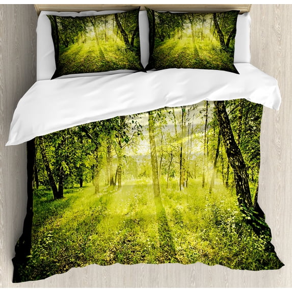 Magical Duvet Cover Set Queen Size, Freshening Morning in Nature Summer Season Sunset Environment Wilderness Mist Theme, Decorative 3 Piece Bedding Set with 2 Pillow Shams, Green, by Ambesonne