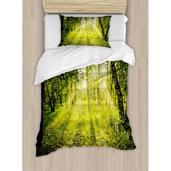 Magical Duvet Cover Set Twin Size, Freshening Morning in Nature Summer Season Sunset Environment Wilderness Mist Theme, Decorative 2 Piece Bedding Set with 1 Pillow Sham, Green, by Ambesonne