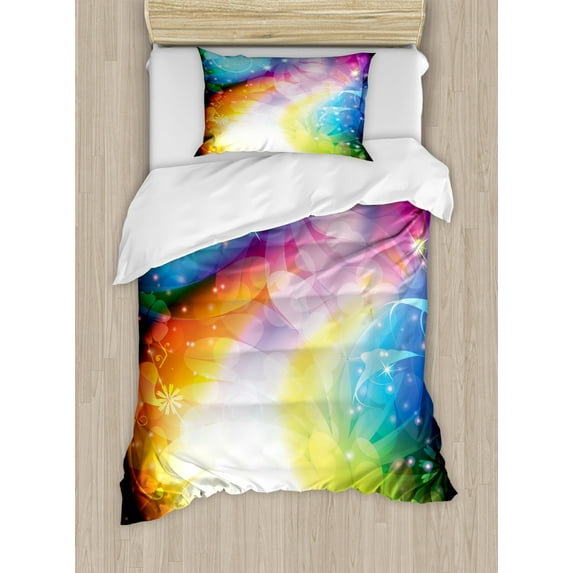 Magical Duvet Cover Set Twin Size, Psychedelic Open Book of Fairy Tales on Gradient Rainbow Color Floral Background, Decorative 2 Piece Bedding Set with 1 Pillow Sham, Multicolor, by Ambesonne