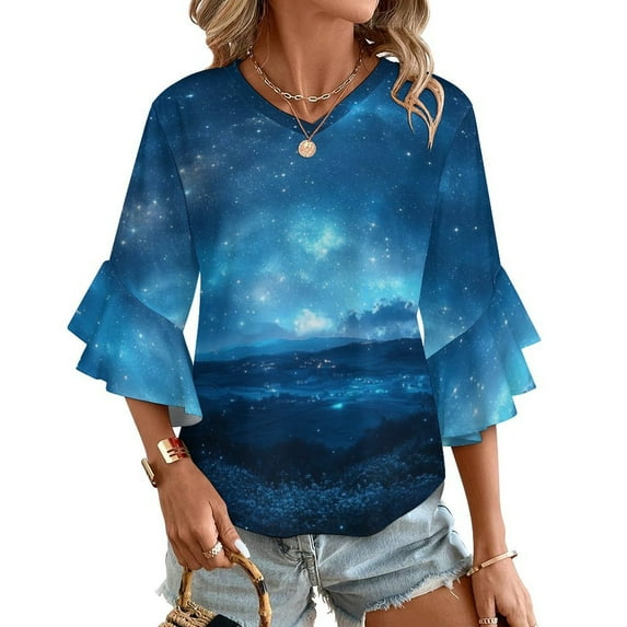 Magical Ethereal Universe Sky Women's V-Neck Blouse With 3/4 Ruffled Bell Sleeves Casual Top Ladies Blouses