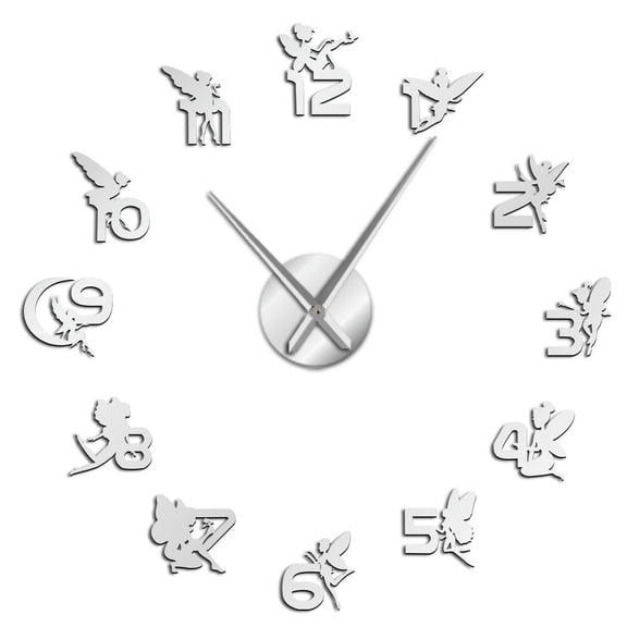 Magical Fairies Elf With Numbers Wall Stickers DIY Wall Clock Nursery Decorative Wall Art Gift For Kids Fantasy Fairy Tale Clock(Silver,37inch)