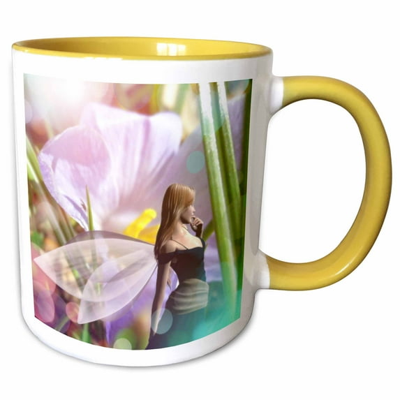 3drose, Magical Fairy with Purple Flower, 15oz Two-tone Yellow Mug
