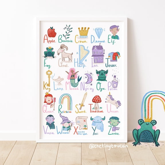Magical Fairytale ABC Print, Nursery Wall Art, Unframed Paper Poster 8x10in