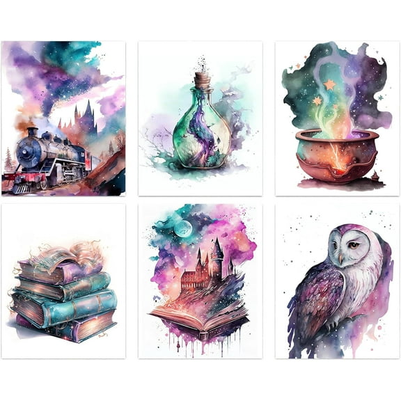 Magical Fantasy Wall Art Prints, Watercolor Style Dreamy Fantasy Canvas Wall Art, Magical Girl Magic Art Posters, Set of 6, (8 x 10 inches, Unframed)