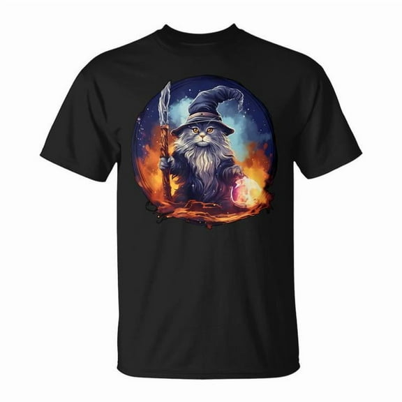 Magical Feline Sorcerer Graphic Tee Unisex Adult Cotton Shirt for Cat Lovers, Enchanting Wizard Theme Casual Outfit, Fantasy Costume Party Gift Idea, Size S, Color Black