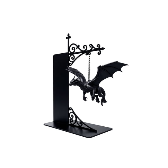 Magical Floating Dragon Bookshelf Decor Metal Figurine Ornament Fantasy Gothic Bookcase Accent for Desk Shelf Display Stand (Black)