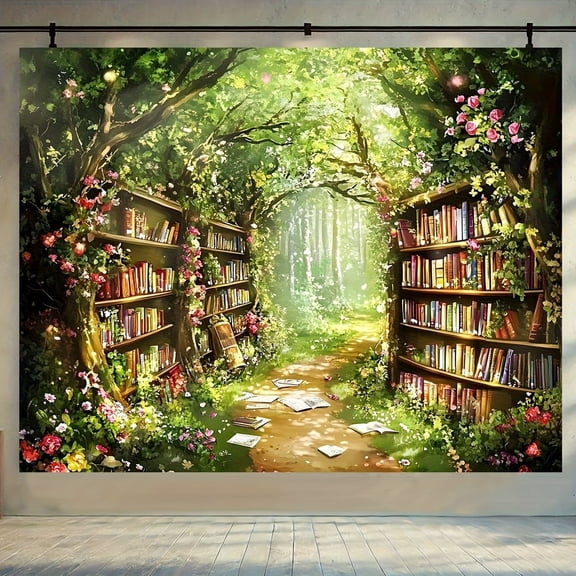 Magical Forest Fairy Library Backdrop Enchanted Garden Tale Reading Bookshelf Pink Floral Background Green Tree Wildflower Birthday Party Decorations Banner Supplies Photo Booth Props