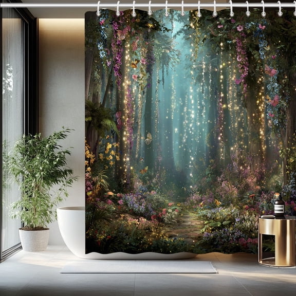 Magical Forest Firefly Butterfly Trail Shower Curtain With Hooks Enchanted Fairy Wilderness Nature Bathroom Decor