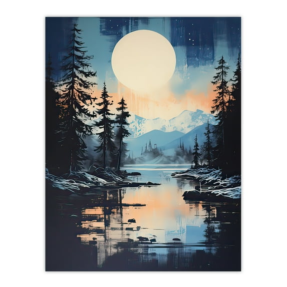 Magical Forest Lake Sunrise in Blue and Orange Large Wall Art Poster Print Thick Paper 18X24 Inch