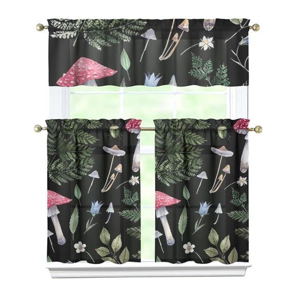 Magical Forest Mushroom Tier Curtains - 3 PC Kitchen Set with Valance, Botanical Gothic Aesthetic & Easy Care Fabric
