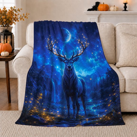 Magical Forest Stag Crescent Moon Stargazing, Festive Holiday Scene, Warm Flannel Blanket for Cabin and Lodge with Detailed Artwork, Art Lovers Christmas Gift, Festive Home Decor