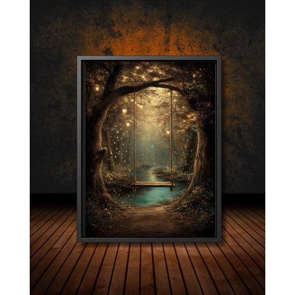 Magical Forest Swing Art Poster Enchanted Woodland Wall Decor With Lanterns & Fireflies, Fantasy Nature Artwork With Golden Lights, Unframed Poster Size 12x18