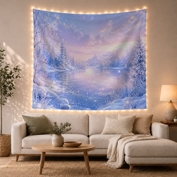 Magical Frozen Lake with Snowy Evergreens and Starry Purple Night Sky, Dreamy Celestial for Nature Lovers, Winter Mountain Art, Christmas Gift, Tapestry Wall Hanging for Living Room and Bedroom