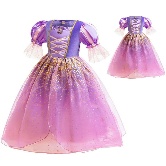 Magical Glitter Tulle Princess Dress for Girls Halloween Purple Puff Sleeve Costume, Size for 3-9Y