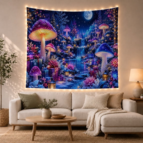 Magical Glowing Nocturnal with Forest Around Cascading, Mystical Fantasy for Space Lovers, Wall Decor, Thanksgiving Hostess Gift, Tapestry Wall Hanging for Dorm and Living Room