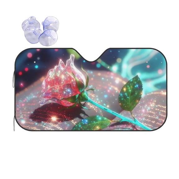 Magical Glowing Rose Sparkling Glitter Floral Foldable Car Windshield Sun Shade, UV Protection Heat Shield