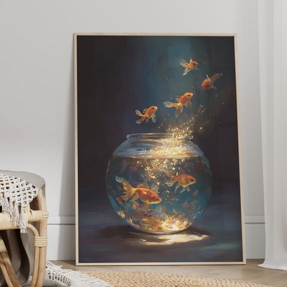 Magical Goldfish Fishbowl Art Vintage Dreamlike Oil Painting Fantasy Glowing Fish In The Dark Surreal Wall Decor Unframed Paper Print