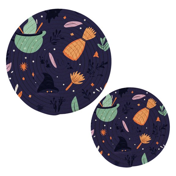 Magical Halloween Themed Pattern Cotton Braided Potholders, 2 Pack Heat-Resistant Pads 7.09'' and 9.45''