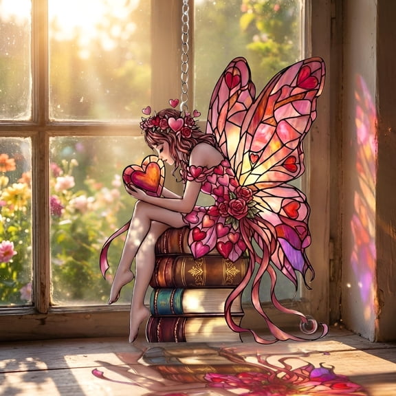 Magical Heart Book Fairy Acrylic Suncatcher Window Hanging Valentine Romantic Home Decor