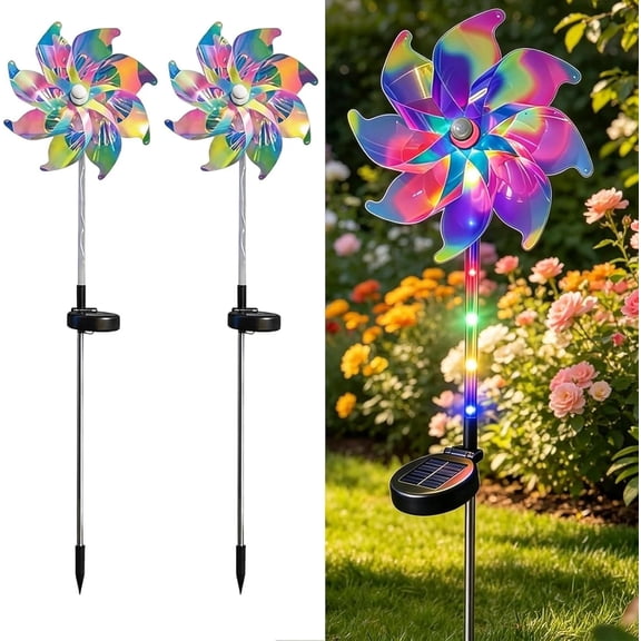 Magical Holographic Rainbow Solar Pinwheel Lights, Color Changing LED Windmill Garden Stakes, Waterproof Outdoor Kinetic Yard Decor for Patio, Lawn, Pathway, Party