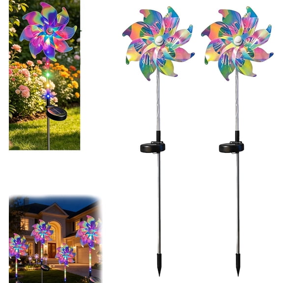 Magical Holographic Rainbow Solar Pinwheel Lights, Solar Pinwheel Garden Spike Lights with LED Color Changing, Wind Spinner Stake, Pinwheel to Deter Birds for Yard & Garden, Patio, Walkway (2 pcs)