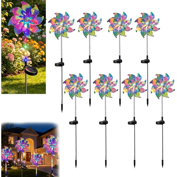 Magical Holographic Rainbow Solar Pinwheel Lights, Solar Pinwheel Garden Spike Lights with LED Color Changing, Wind Spinner Stake, Pinwheel to Deter Birds for Yard & Garden, Patio, Walkway (8 pcs)