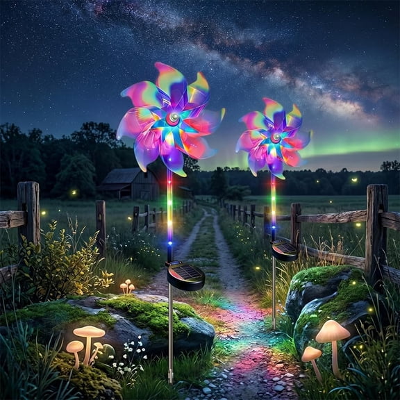 Magical Holographic Rainbow Solar Pinwheel Lights, Solar Rainbow Pinwheel Garden Light, Color Changing Stake Lights, Waterproof Solar Windmill with LED Lights for Pathway, Lawn & Patio (2Pcs)