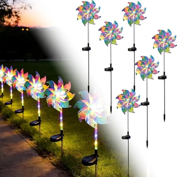 Magical Holographic Rainbow Solar Pinwheel Lights, Waterproof LED Windmill Garden Stake, Color Changing Solar Lights Outdoor, Kinetic Wind Spinner Stake for Pathway, Lawn & Patio (6pcs)
