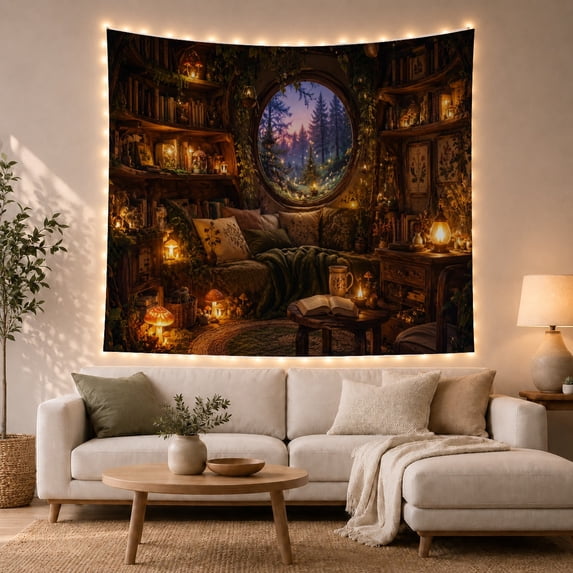 Magical Interior Resembling with Study Library Nook Nestled, Serene Fantasy for Plant Lovers, Indoor Plant Wall Decor, Mother'S Day Gift, Tapestry Wall Hanging for Bedroom and Dorm