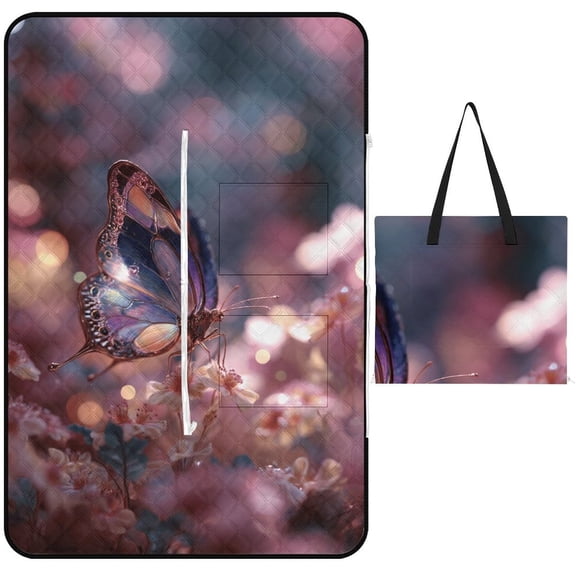 Magical Iridescent Butterfly Flower Garden Outdoor Picnic Blanket, Foldable Waterproof Beach Mat, Portable Beach Blanket for Beach Camping, Hiking, Family Concerts