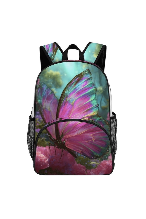 Magical Iridescent Butterfly Pink Flowers Backpack Travel Laptop Casual College Daypack Back to Bag