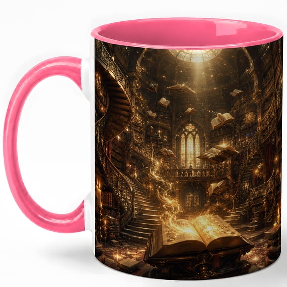 Magical Library Coffee Mug, Fantasy Books and Candlelight Design, 11 oz Ceramic Cup