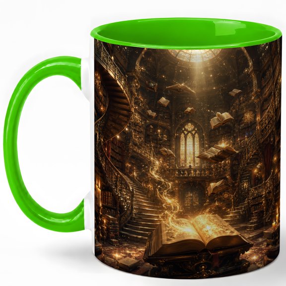 Magical Library Coffee Mug, Fantasy Books and Candlelight Design, 11 oz Ceramic Cup