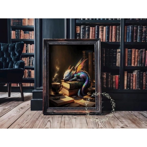 Magical Library Dragon Poster, Dark Academia Fantasy Wall Art, Unframed Paper Poster 8x10in