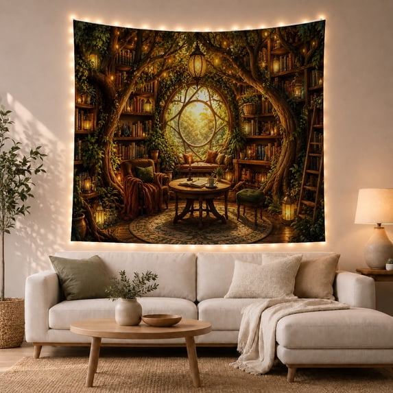 Magical Library Nook With Integrated Into Gnarled Intertwining, Mystical Fantasy for Space Lovers, Galaxy Room Decor, Mother's Day Gift, Tapestry Wall Hanging for Bedroom and Dorm