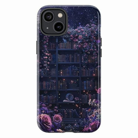 Magical Library Phone Case, Starry Floral Bookshelf Design iPhone Cover, Enchanted Artistic Protective Case for iPhone 16 15 14 13 12 11 Plus Pro Max Mini