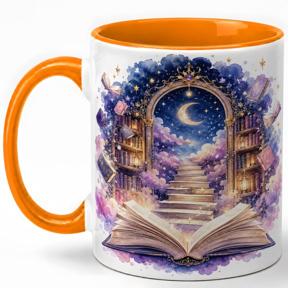 Magical Library Portal Coffee Mug, Moon Stars Open Book Fantasy Reader Design, 11 oz Ceramic Cup