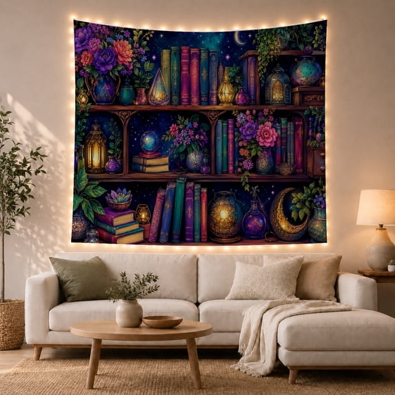 Magical Library Shelves Against Starry Sky, Dreamy Fantasy for Book Lovers, Enchanting Art Decor, Birthday Gift Tapestry Wall Hanging for Bedroom and Living Room