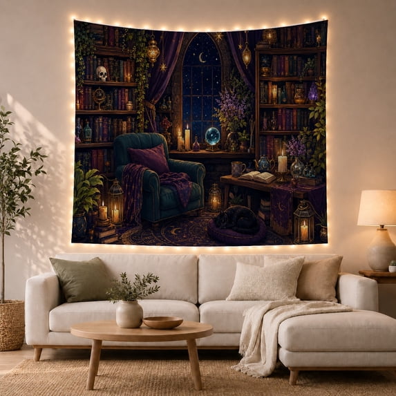 Magical Library Study with Emerald Armchair and Starry Night Window, Mystical Gothic for Book Lovers, Enchanting Art Decor, Halloween Gift, Tapestry Wall Hanging for Bedroom and Living Room